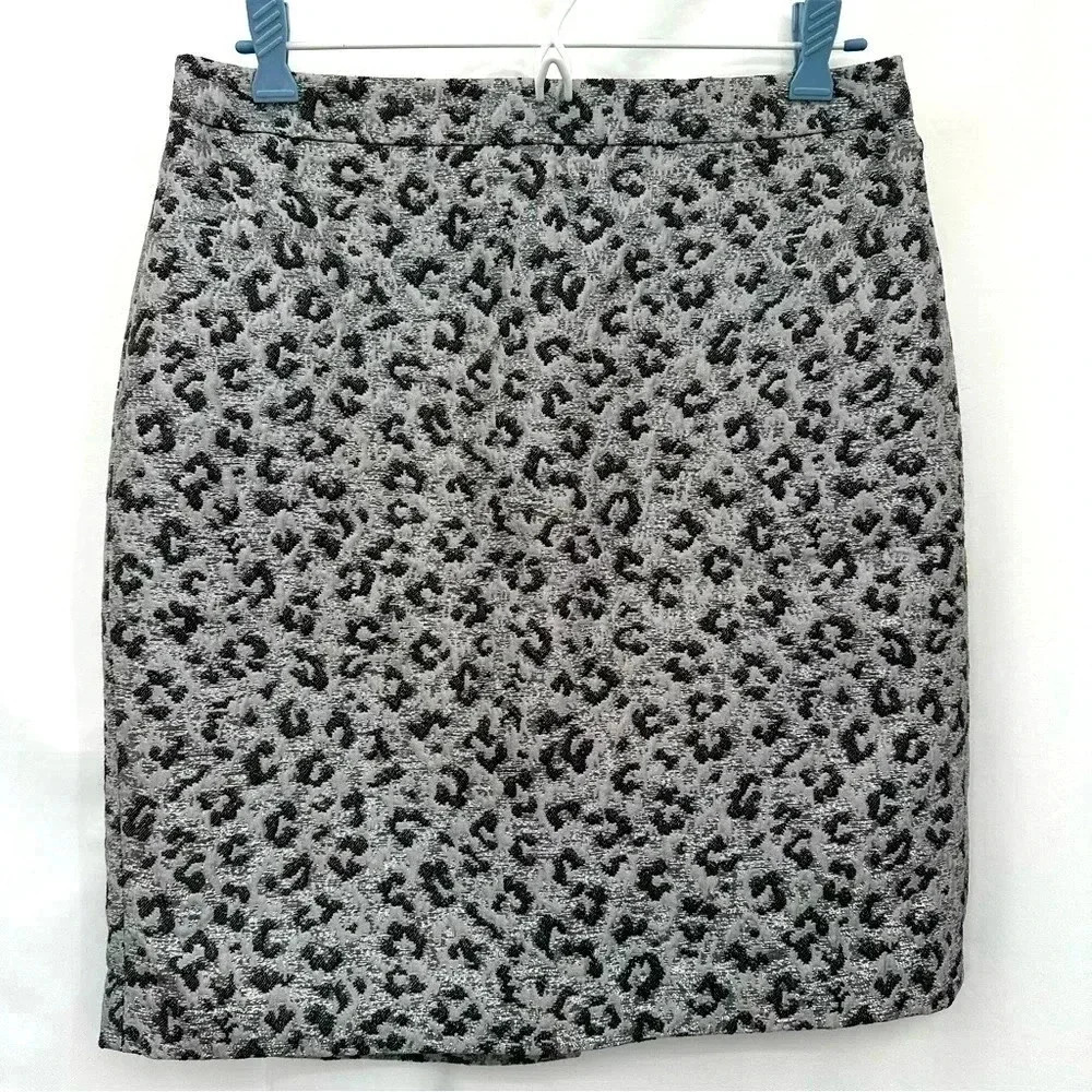 Ann Taylor Loft Pencil Skirt Women 6 Grey Leopard Metallic Jacquard Career Chic